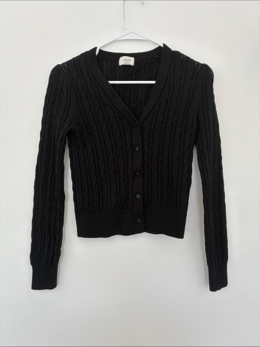 Wilfred Chez Cardigan XS Black Merino Blend Cable Knit Open Weave V Neck Button
